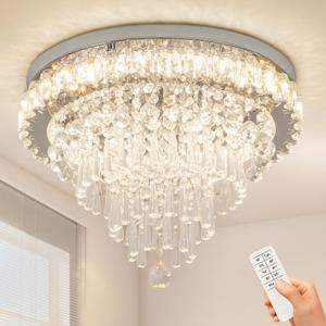 Crystal Chandeliers LED Crystal Ceiling Light Fixture with Remote Large Flush Mount Chandelier Ceiling Light for Living Room Bedroom Kitchen (Dimmable)