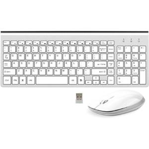 FENIFOX Keyboard and Mouse Wireless, USB 2.4GHz Combo Silent Quiet Low Profile Compact Full Size Flat Slim Thin Portable with Number Pad Soft Cover for PC Laptop Computer Office - White & Silver