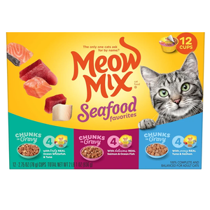 Meow Mix Seafood Favorites Chunks in Gravy Wet Cat Food Variety Pack, 2.75 Ounce (Pack of 12)