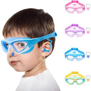 Vvinca Kids Swim Goggles for Kids 3-12, 2024 Upgraded Design with Ear & Nose Plug, Wide View Anti-Fog No Leak Water Pool Goggle (Blue)