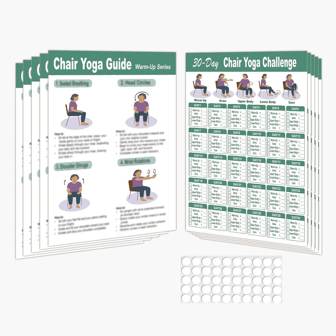 Chair Yoga Poster for Seniors & Beginners  Set of 5 Illustrated Guides & 5 30-Day Challenges, Laminated Gentle Seated Exercise Charts for Mobility, Balance, Flexibility, Stretching & Home Fitness