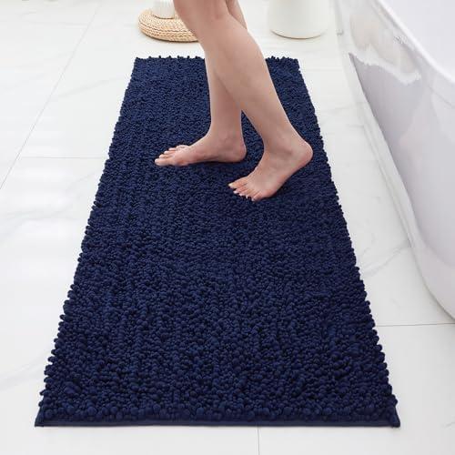 ILANGO Bathroom Rugs Navy Blue 26x60 Extra Soft Absorbent Chenille Bath Rugs,Thick Non-Slip Shaggy Bath Mat,Machine Washable Quick Dry Bath Mats for Bathroom Runner Floor, Tub, Shower Accessories