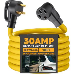 10ft EV Charger Adapter Cord Compatible with NEMA TT-30P to 14-50R, 30 A RV Generator Outlet to 50 A EV for Level 2 Charging, 3 Prong to 4 Prong Power Extension Cord with Handle, ETL Listed