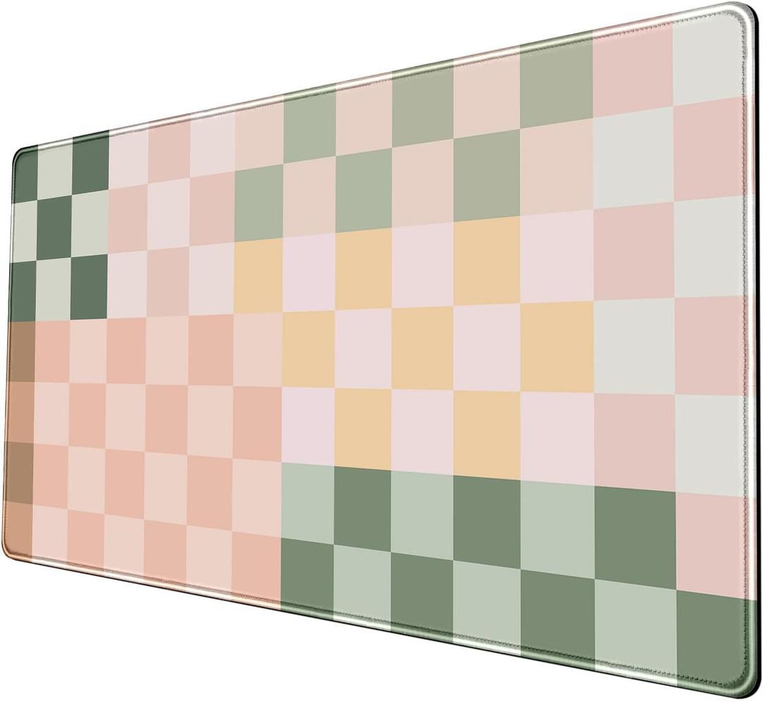 Checkered Desk Mat Cute Pink Pastel XXL Large Mouse Pad Aesthetic Boho Desk Pad with Stitched Edges, Office Decor Keyboard Pad Mouse Mat for Computer (31.5" x 15.7")