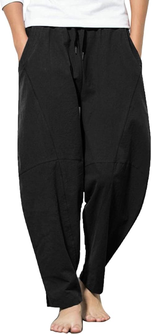 COOFANDY Men's Linen Harem Drawstring Pants Casual Elastic Waist Lightweight Trouser Hippie Summer Beach Yoga Pants (XX-Large, Black)