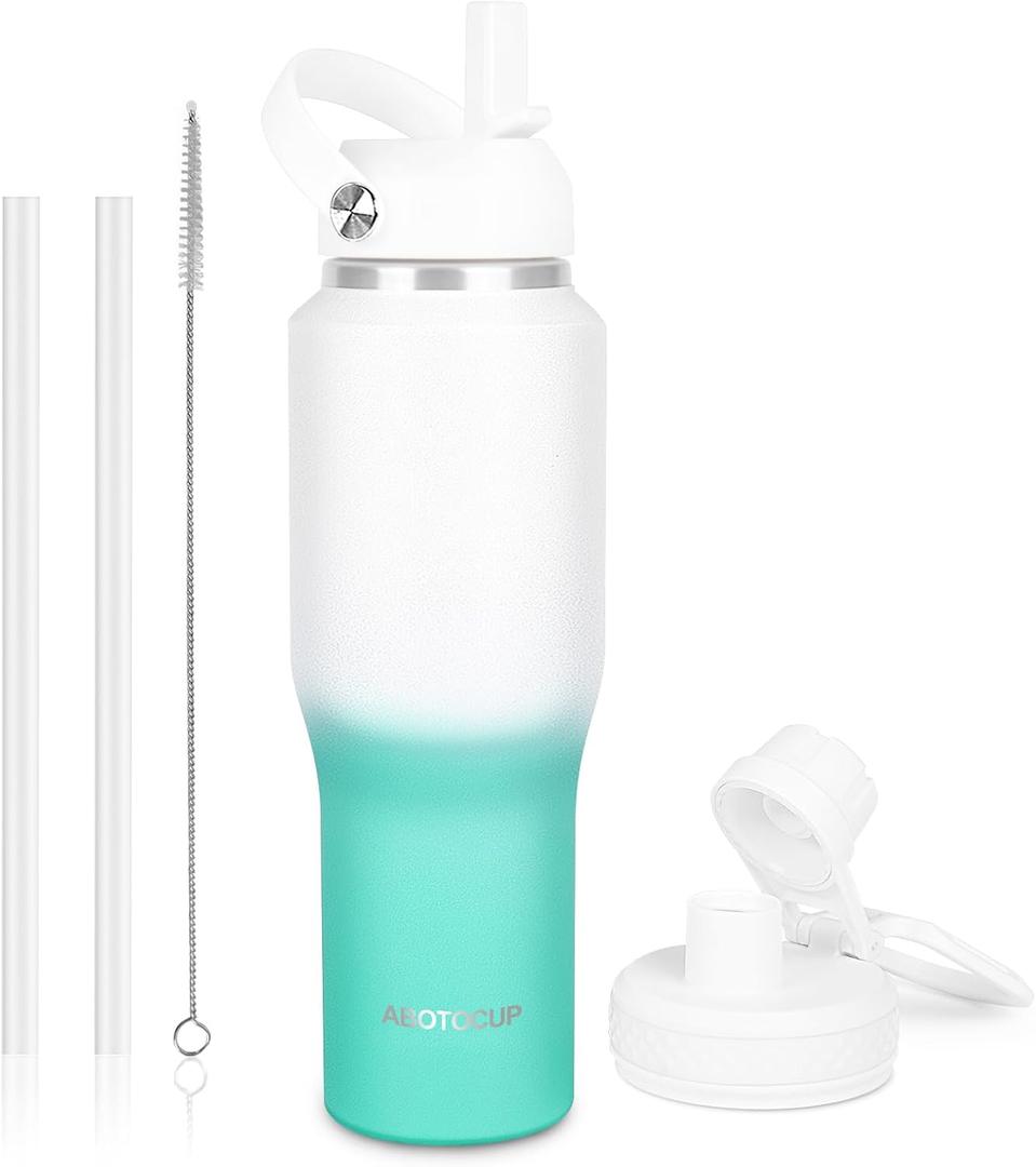 32oz Insulated Water Bottle, Fit in Any Car Cup Holder, Water Bottle with Straw Lids, Stainless Steel Insulated Water Flask Double Wall Leak-proof BPA Free to Keep Cold&Hot (White Cyan Gradient-A)