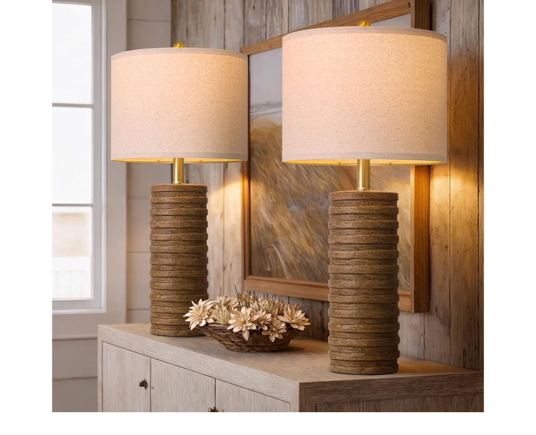 PoKat Farmhouse Table Lamps Set of 2 for Living Room, 27'' Tall Retro Ceramic Bedside Lamps with Linen Lampshade for Bedroom, Vintage Wood-Like Rustic Nightstand Lamp Office Sideboard Hallway (Brown)