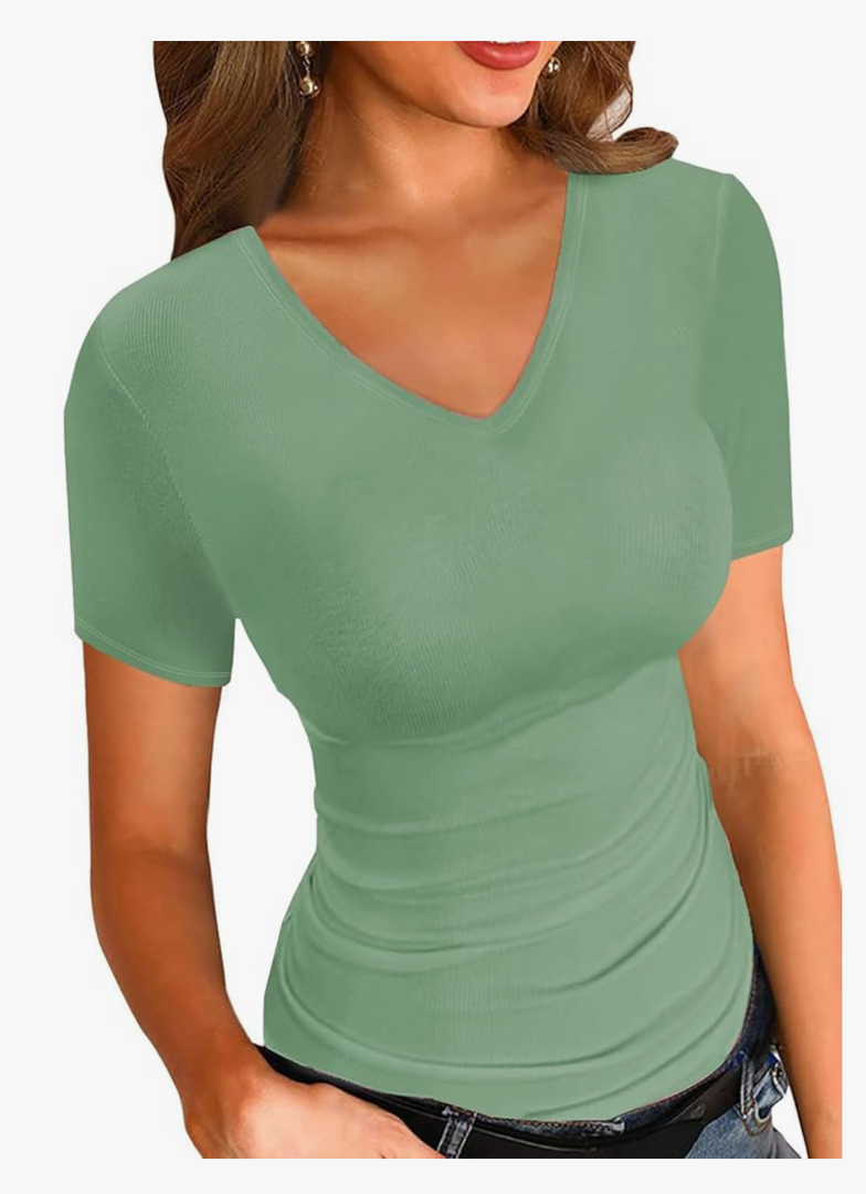 LOLONG T Shirts for Women Short/Long Sleeve V Neck Casual Ribbed Slim Fitted Tops Green, L