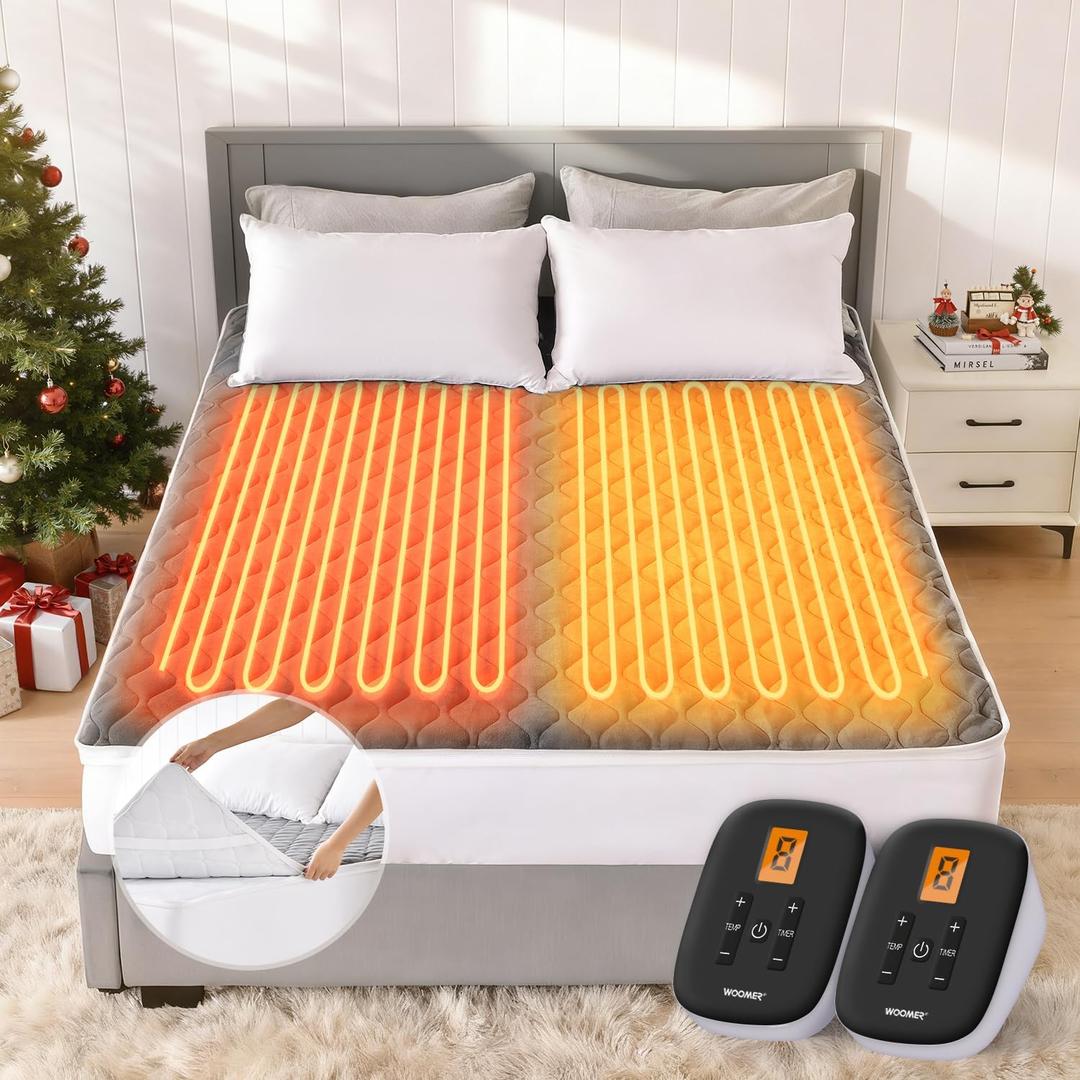 WOOMER Heated Mattress Pad King Dual Control - 78"x80" Electric Mattress Pad, 1-10 Heat Settings, 0.5-12H Auto Shut-Off, Removable Velvet Cover, 18" Deep Pocket, ETL Certified, Grey