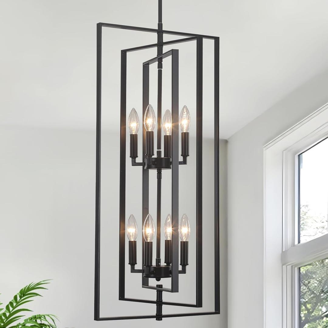 Entry Chandeliers for High Ceilings 8 Lights Black Farmhouse Chandelier Lantern Tiered Light Fixtures Rustic Industrial Hight Ceiling Lighting for Entryway Living Room Kitchen Staircase