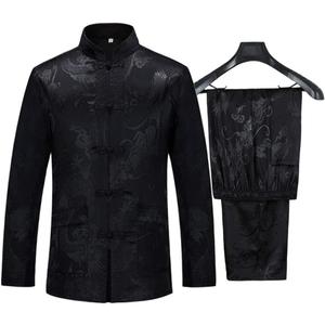 Tang Suit Men Hanfu Chinese Traditional Clothes Kung Fu Shirt Uniform Long Sleeved Coat Tops and Pants (Black, M)