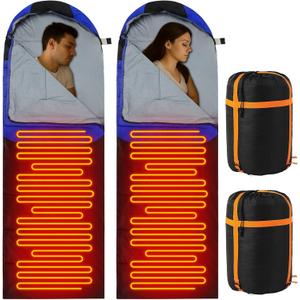 2 Pack Heated Sleeping Bag for Adults USB Electric Cold Weather Sleeping Bag with 4 Zone Carbon Fiber 3 Adjustable Heating Levels Waterproof for All Season Camping & Hiking (Blue)