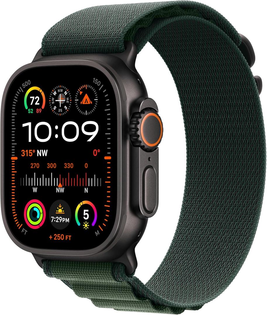 Apple Watch Ultra 2 [GPS + Cellular 49mm] Smartwatch, Sport Watch with Black Titanium Case with Dark Green Alpine Loop - M. Fitness Tracker, Precision GPS, Action Button, Carbon Neutral, Black Titanium Case with Dark Green Alpine Loop, Medium w/out Apple Care