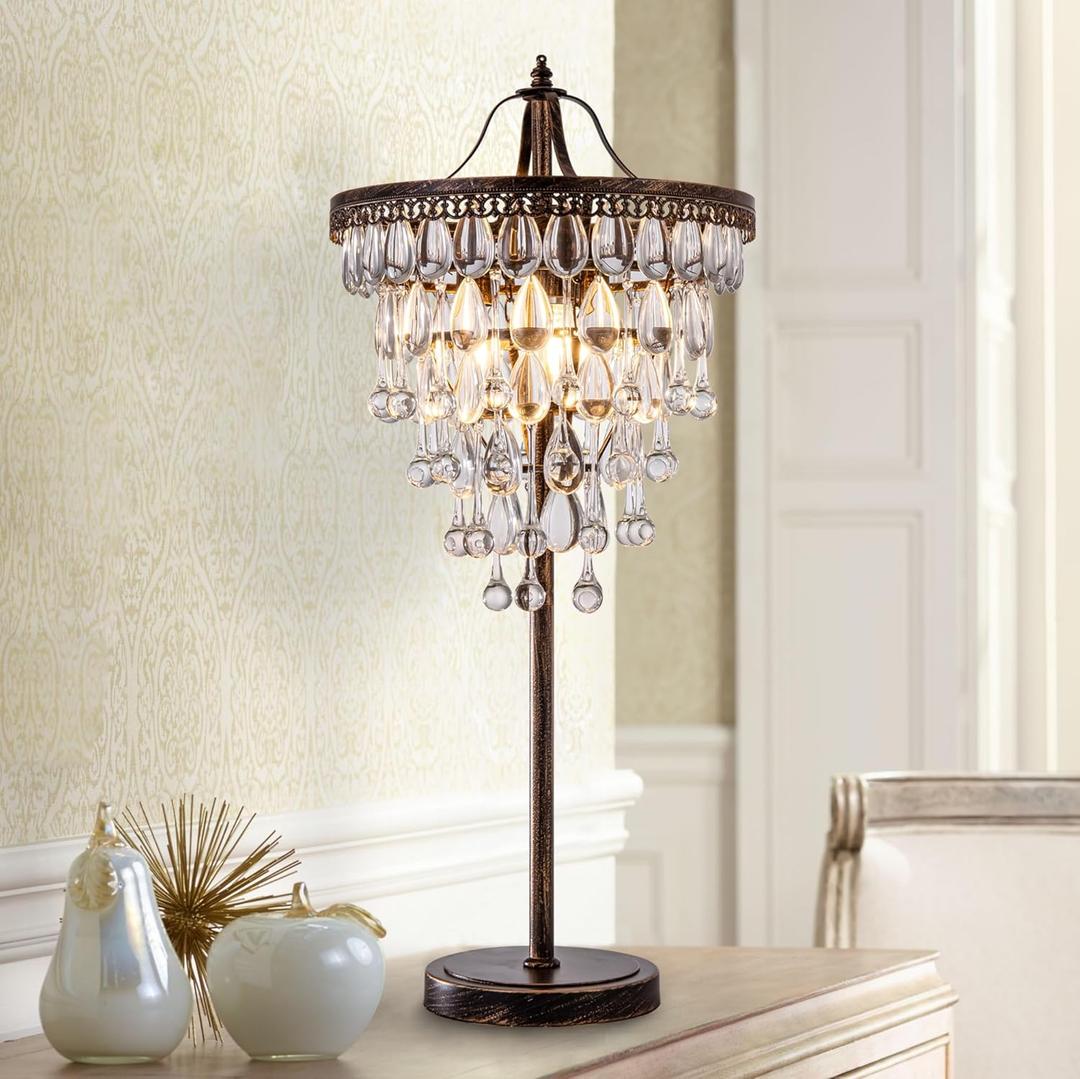 TOCHIC 3 Lights Crystal Table Lamp for Living Room, Bedside Table Lamp for Bedroom Dimmable Control, 28" Tall Bronze Antique Modern Desk Nightstand Lamp for Entryway, Staircase, Home Office