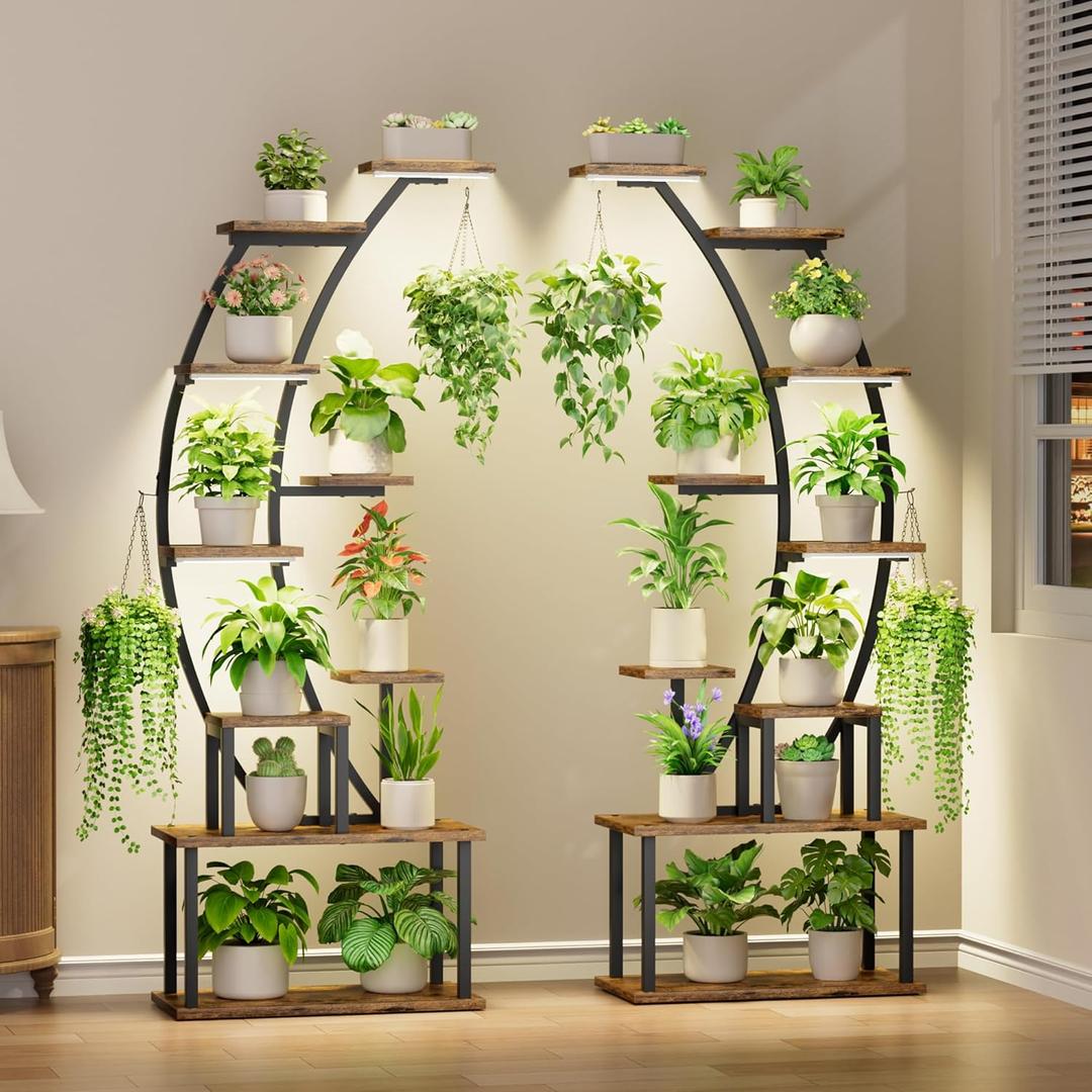 Plant Stand Indoor with Grow Lights, 9 Tiered Metal Plant Shelf, 64" Tall Plant Stand for Indoor Plants Multiple, Large Plant Rack Display Shelves, Curved Plant Holder for Living Room, Patio