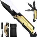 8.5" Military Outdoor Hunting Camping Pocket Knife, 7 in 1 Multi-Function Folding Knives with Fire Starter LED Light Seatbelt Cutter Glass Breaker Bottle Opener Tactical Blade (Gold)