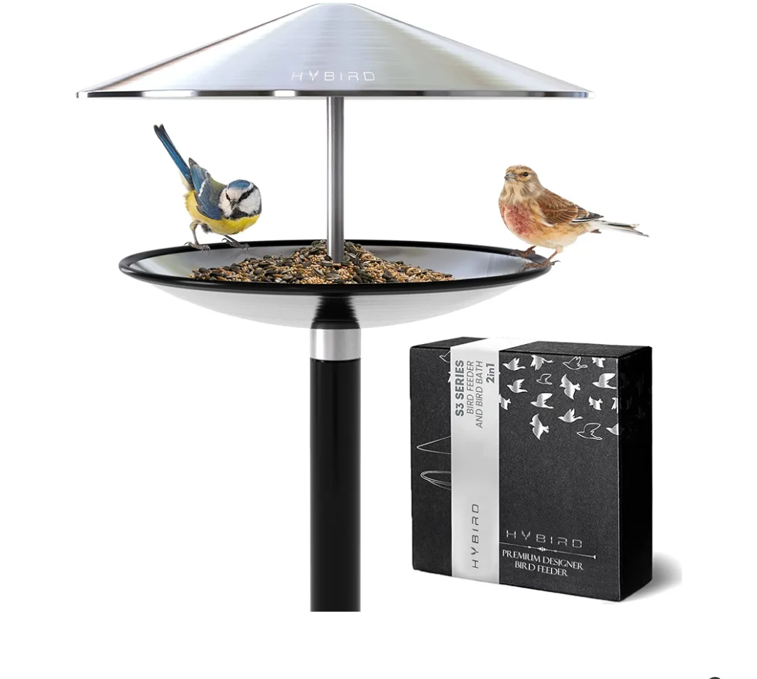 HYBIRD Bird Feeder and BirdBath Combo with Stand – Rust Proof Stainless Steel Metal Bird Feeder with Aluminum Pole is Frost Proof and Weatherproof, Attracts Cardinals, Chickadees, Finch, Wild Birds
