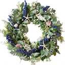 22 Inch Nautical Artificial Wreath with Starfish & Seashells Blue Berry Eucalyptus Wreath for Front Door Coastal Summer Home Decor for Wall/Fireplace