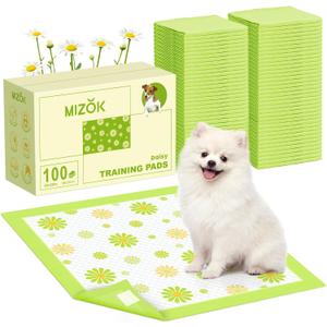 MIZOK Puppy Pads with Adhesive Tabs Green Daisy Prints Small 22x22in 100Ct