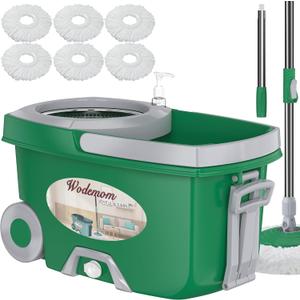 Dual Compartment Spin Mop and Bucket, Mop and Bucket with Wringer Set,360Rotating Spinning Mopping for Floor Cleaning with 6 Microfiber Replacement Heads, 61" Extended Handle, 2X Wheel - Deep Green