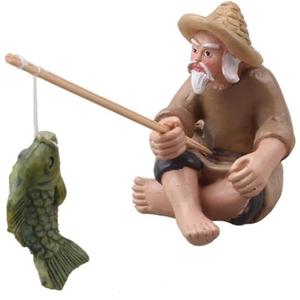 1Pc Miniature Fisherman Figurines,Fishing Old Man Ornament Chinese Mudman Sitting Garden Statue Ornament Garden Deco No Fish
