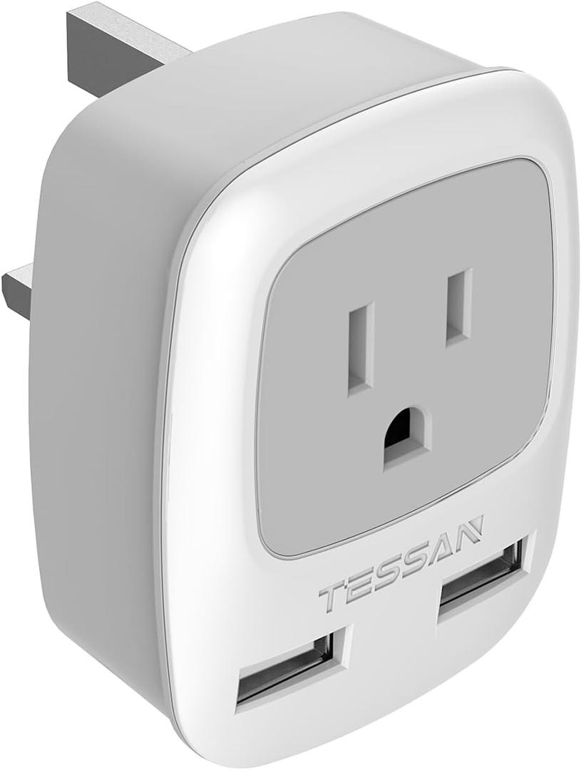 TESSAN UK Adapters for Travel, Ireland Hong Kong Plug Adapter with 2 USB, Type G Outlet Adaptor Charger for USA to British England Scotland Irish Qatar London (2.6*2.8*2.3 inch)