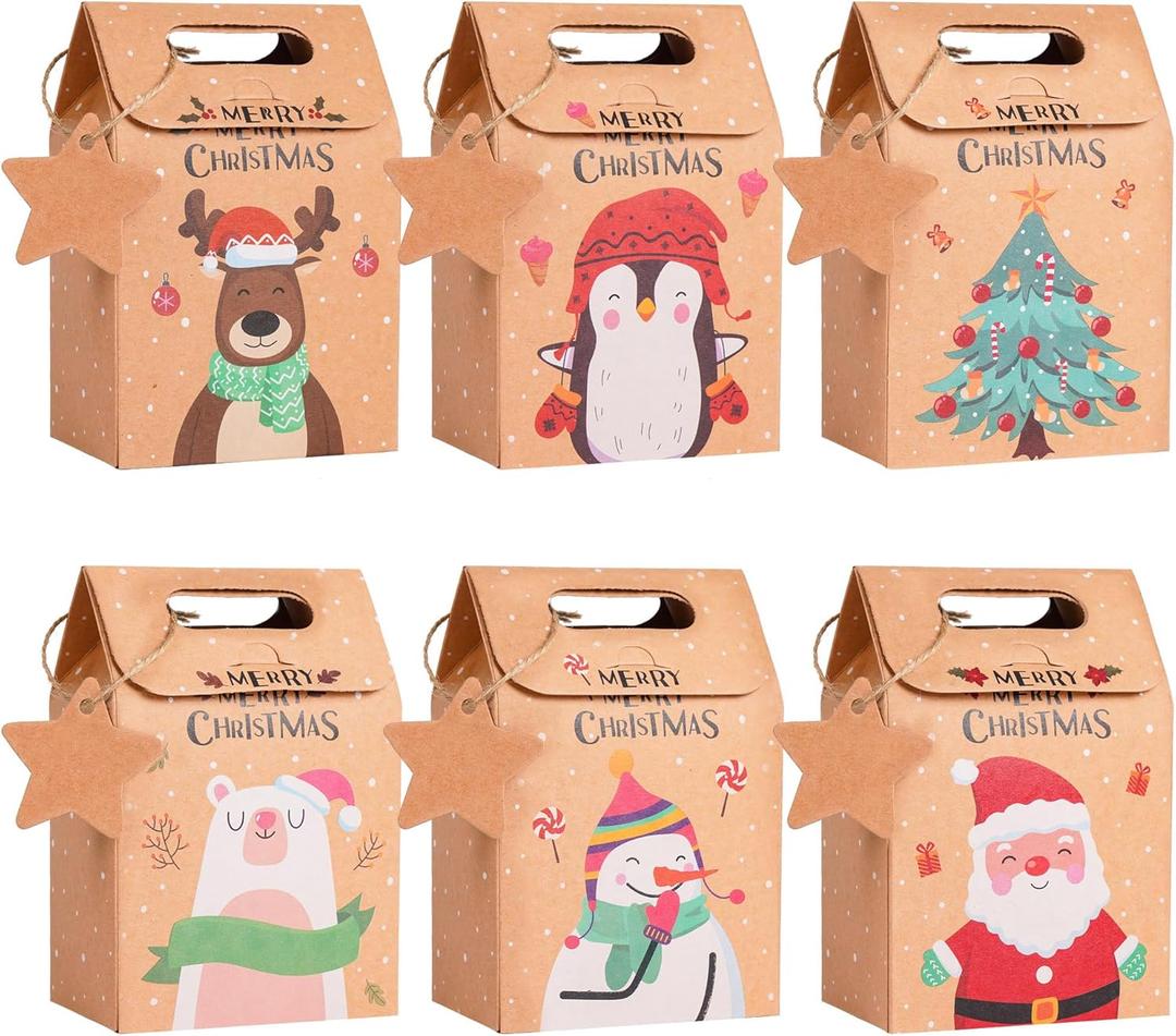 Daomong Christmas Treat Bags 24 Pcs Kraft Paper Gift Boxes Bags Gift Wrap Bags Candy Boxes with Tags Twines for Christmas Party Supplies