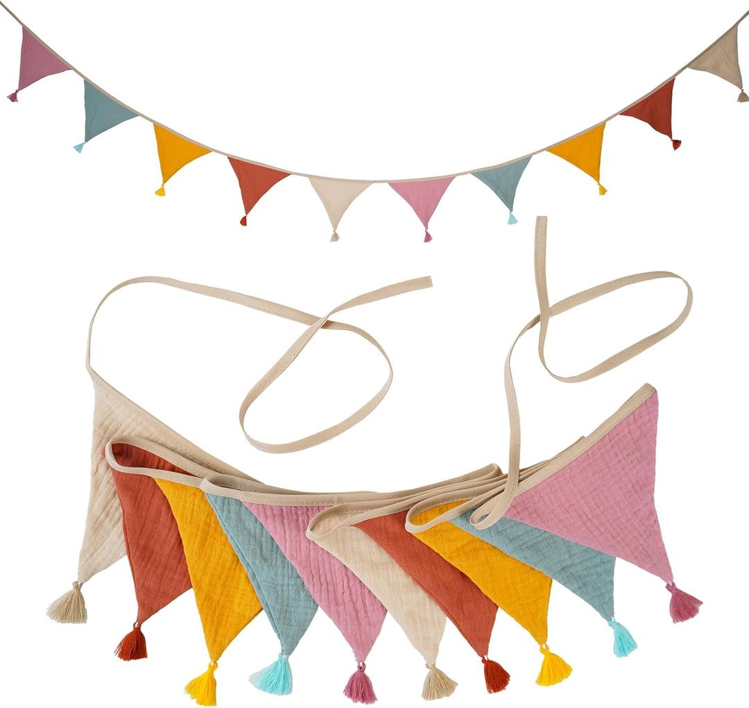 Fabric Bunting Banner, 2 Pack Handmade Neutral String Banner with Tassel Each 8.5 ft 10 Flags Nursery Wall Hanging Wedding Birthday Home Baby Shower Party Decoration Bunting (Pink Candy 2 Packs)