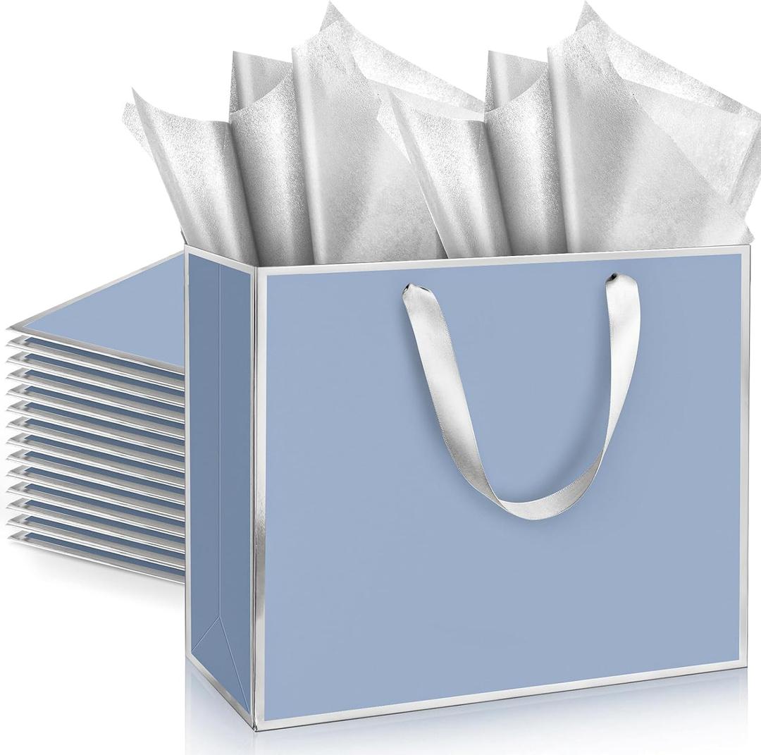 ReliThick 12 Pack Metallic Paper Gift Bag with Handles and Tissue Paper 11.8 x 10 x 4'' Thank You Favor Bag for Graduation Mother's Day Wedding Bridesmaid Groomsman 5 Senses Gifts (Dusty Blue,Silver)