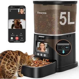 Automatic Cat Feeder with Camera, 5G WiFi Smart Pet Feeder with 2-Way Video/Audio, 45° Adjustable Angle, Night Vision, 5L Cat Food Dispenser for Cats & Small Dogs with APP Control for Vacation & Work, Pattern Name: Camera & Two-Way Video with Screen