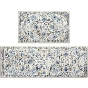 Ileading Cushioned Kitchen Rugs Sets of 2 Waterproof Anti Fatigue Mats for Kitchen Floor Non Slip Stain Resistant Floor Mats PVC Ergonomic Comfort Rugs for Kitchen, Home, Sink, Laundry, Blue (17"x47"+17"x28"-0.4")