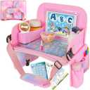 MENZOKE Kids Travel Tray, Car Seat Table Tray, Road Trip Essentials with Educational Drawing Board, Tablet Holder & Cooler Cup Holder, Travel Table for Kids Gifts in Car, Airplane, Multicoloured (MagicPink)