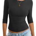 Eachyes Womens 3/4 Length Sleeve Boat Neck Tops Casual Slim Fit T-Shirts Basic Tees Spring Summer Outfits Clothes (Black, S)