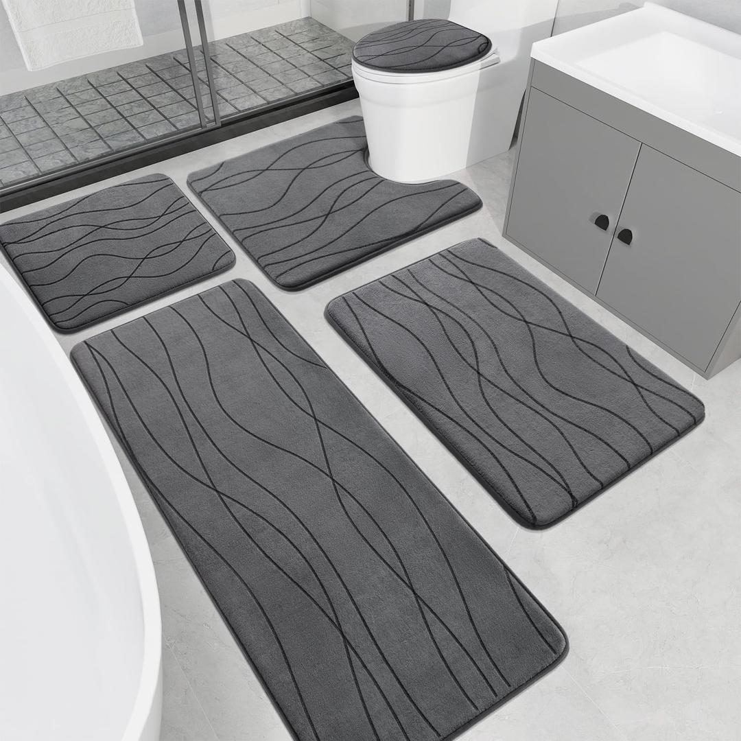 YIHOUSE Memory Foam Grey Bathroom Rug Sets 5 Piece, Ultra Absorbent Bath Mat for Bathroom - Non-Slip Machine Washable & Dry Quickly, 5 Piece Bathroom Mat Set, Dark Grey, 1'8" x 3'10"