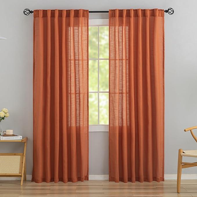 Burnt Orange Linen Back Tab Curtains 84 Inches Long 2 Panels Set for Bedroom,Pumpkin Hallowmas Day Home Decoration Hooks Belt Pleated Semi Privacy Drapes Light Filtering Window Curtains,Rust,W52 x L84