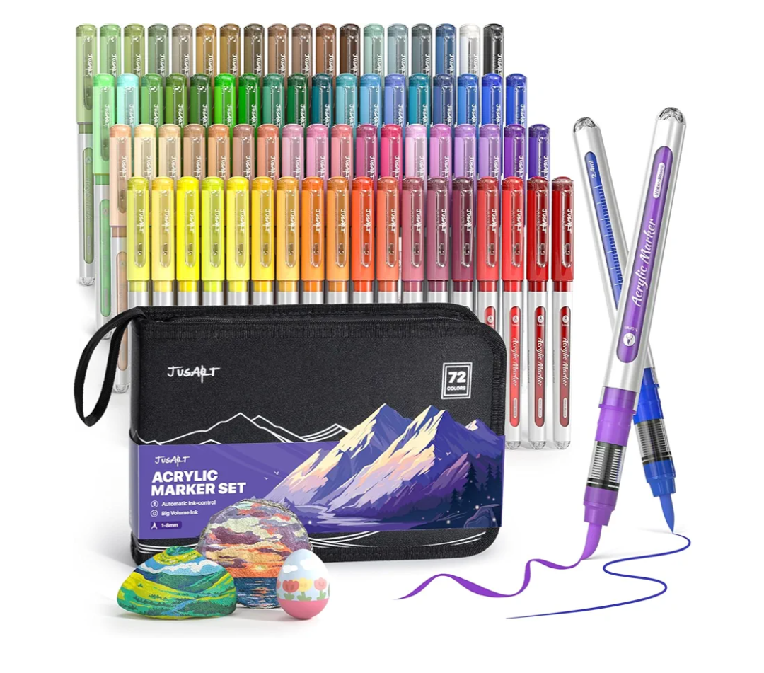 JusArt 72 Colors Acrylic Paint Markers with Canvas Bag, Water-Based No-Bleed Paint Pens with Automatic Ink Control, Waterproof Brush Tip Markers for DIY Art & Crafts -Eggs, Fabric, Rock, Glass, Metal