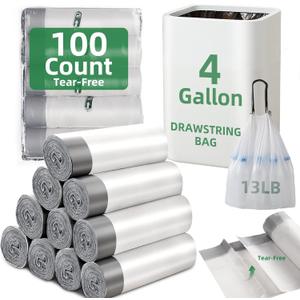 100 Counts 4 Gallon Trash Bag Drawstring Small Trash Bags, Thick Pre-separated Garbage Bags, Trash Bin Liners, Suitable for bathroom, kitchen, bedroom, office (White)