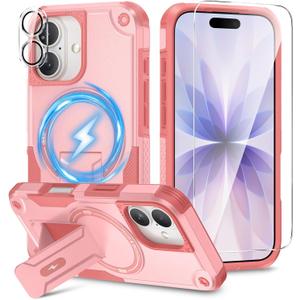 3 in 1 for iPhone 17 Case [Compatible with MagSafe] [Invisible Kickstand] [HD Screen Protector] [Camera Lens Protector], Protective Magnetic Phone Cover for iPhone 17 (Pink)