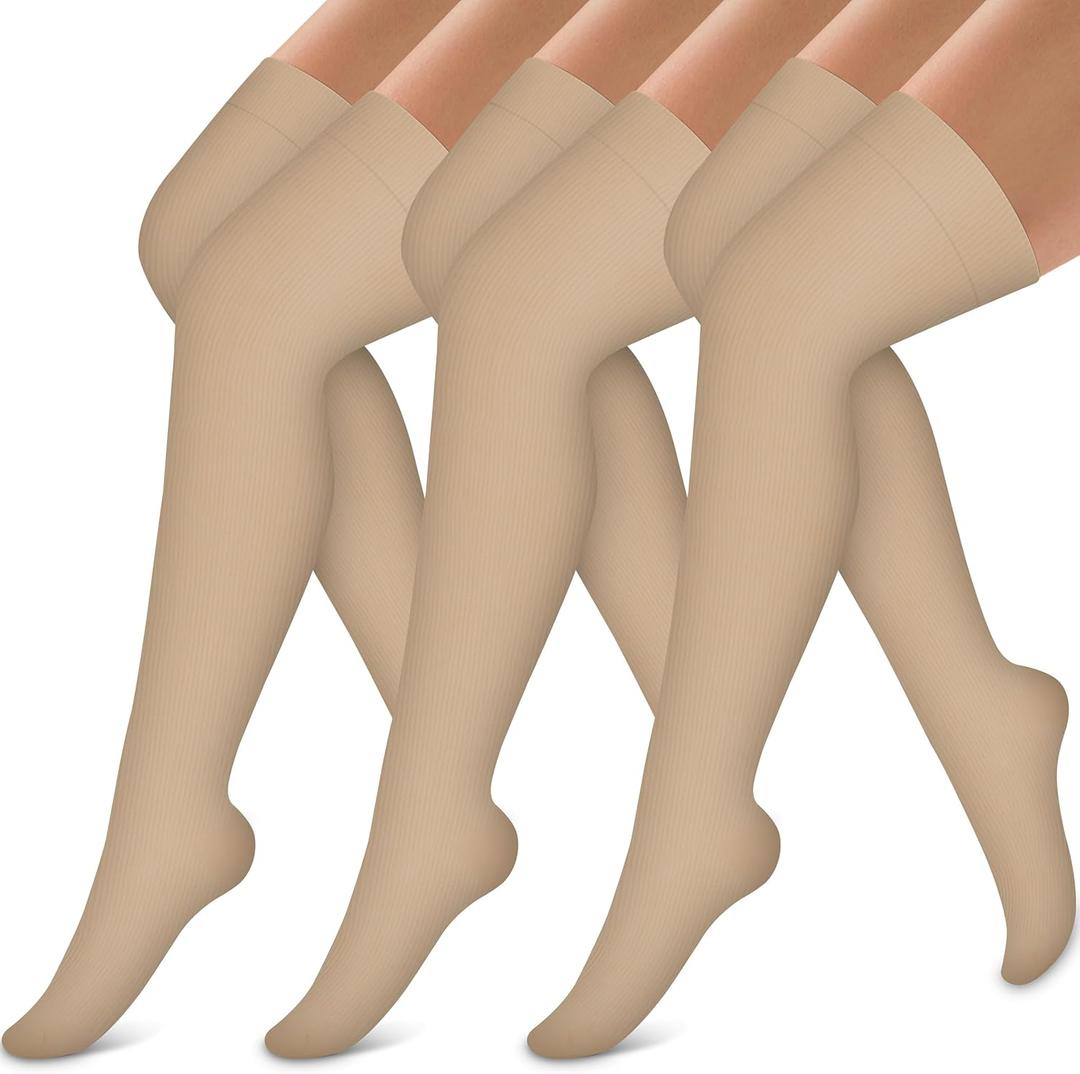 Bluemaple Thigh High Compression Socks for Women and Men Circulation(3 Pairs) Over the Knee-Best Support for Running, Travel (Large-X-Large, Khaki)