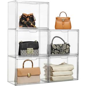 Purse Organizer for Closet, 5 Pack Clear Acrylic Display Case for Purse Handbag Storage, Stackable Purse Storage Boxes with Magnetic Door for Collectibles, Wallet, Cosmetic