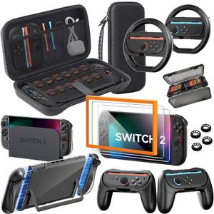 Switch 2 Accessories Bundle for Nintendo, Carrying Case, Two Screen Protector with Alignment Frame, Steering Wheel for Mario Kart