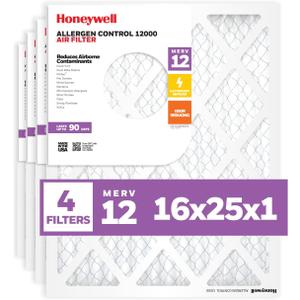 Honeywell 16x25x1 MERV 12 Electrostatic Pleated HVAC AC Furnace Air Filter (4-Pack) | Replacement Filter for Home Use | Made in USA