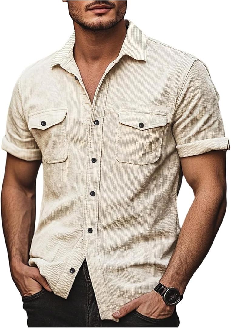 VIPWOLF Men's Corduroy Shirts Button Down Short Sleeve Dual Pockets Work Travel Shirt Top (S)