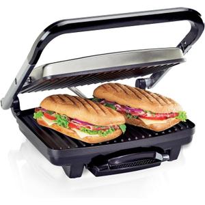 Hamilton Beach Panini Press, Sandwich Maker & Electric Indoor Grill, Upright Storage, PFAS-Free Nonstick Easy Clean Grids, Stainless Steel (25410)