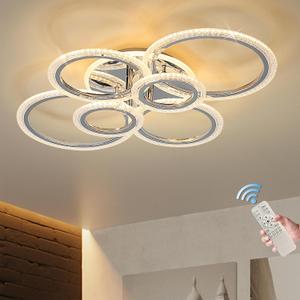 Garwarm Modern LED Ceiling Light Fixture,76W Dimmable LED Chandelier Flush Mount Ceiling Lights Remote Control,6 Ring Ceiling Lamp Fixture for Living Room Dining Room Bedroom(Chrome)