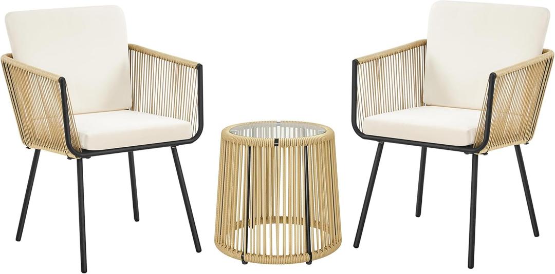 Yaheetech 3 Piece Patio Rattan Bistro Set, Outdoor All Weather PE Wicker Conversation Furniture Set with 2 Chairs & Tempered Glass Top Table & Cushions, for Poolside/Porch/Garden/Yard, Tan/Cream