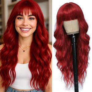 Long Red Wigs with Bangs 26Inch Wavy Curly Hair for Women Tangle Free Soft Natural Looking Premium Heat Resistant Protein Fiber Daily Party Use