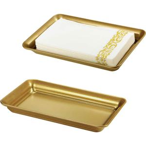 Vintage Farmhouse Decor Metal Vanity Tray(2 Pack),Countertop Guest Hand Towel Storage Organizer Tray Dispenser, Sturdy Holder for Perfume,Cosmetics, Jewelry, Makeup Bathroom OrganizerGold