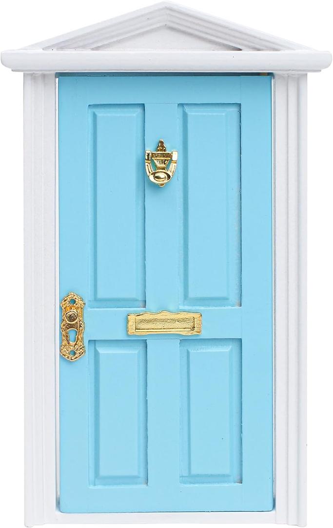 Miniature Dollhouse Door Model with Accessories, 1/12 Scale Wooden Mini Fairy House Furniture Parts, Small Opening Tooth Tale Decoration, for Christmas, Birthday, Wedding, and Fairy Party (Blue)
