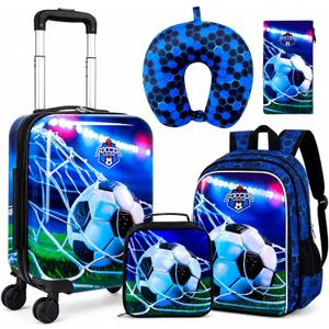 5-Piece Luggage for Kids Sporty Hardshell Boys Suitcase with 360 Spinner Wheels, Lightweight Airline-Approved Carry-On (16") Set for Travel, Soccer Blue